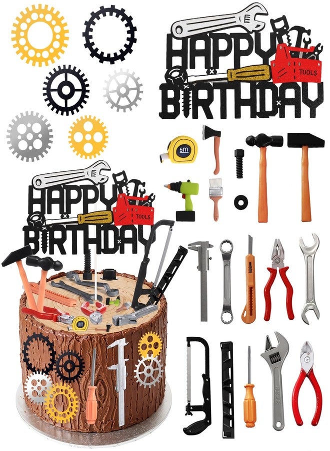 Glavatrix 24 Pcs Tools Cake Topper Construction Cake Topper Toolbox Wrench Hammer Screwdrivers Drill Plier Handsaw Tape Measure Gear Labor Day Worker Themed Birthday Party Supplies for Boys Men - Image 1